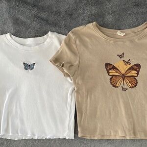 Two butterfly cropped shirts - white and tan